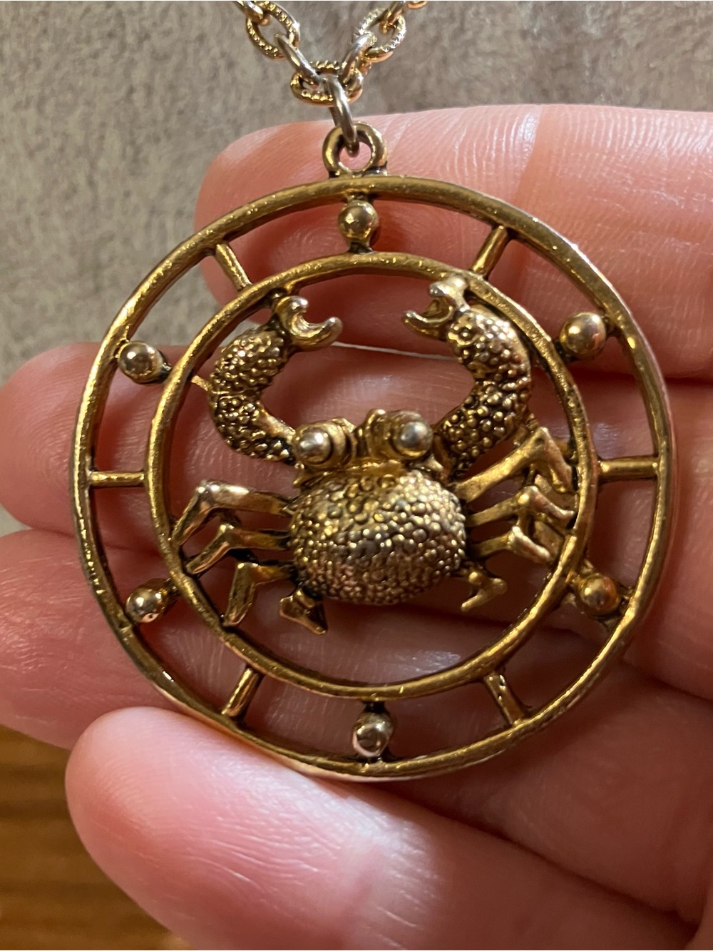 Crab Pendant Necklace Gold Tone Astrology Cancer Beach Summer Nautical 29”